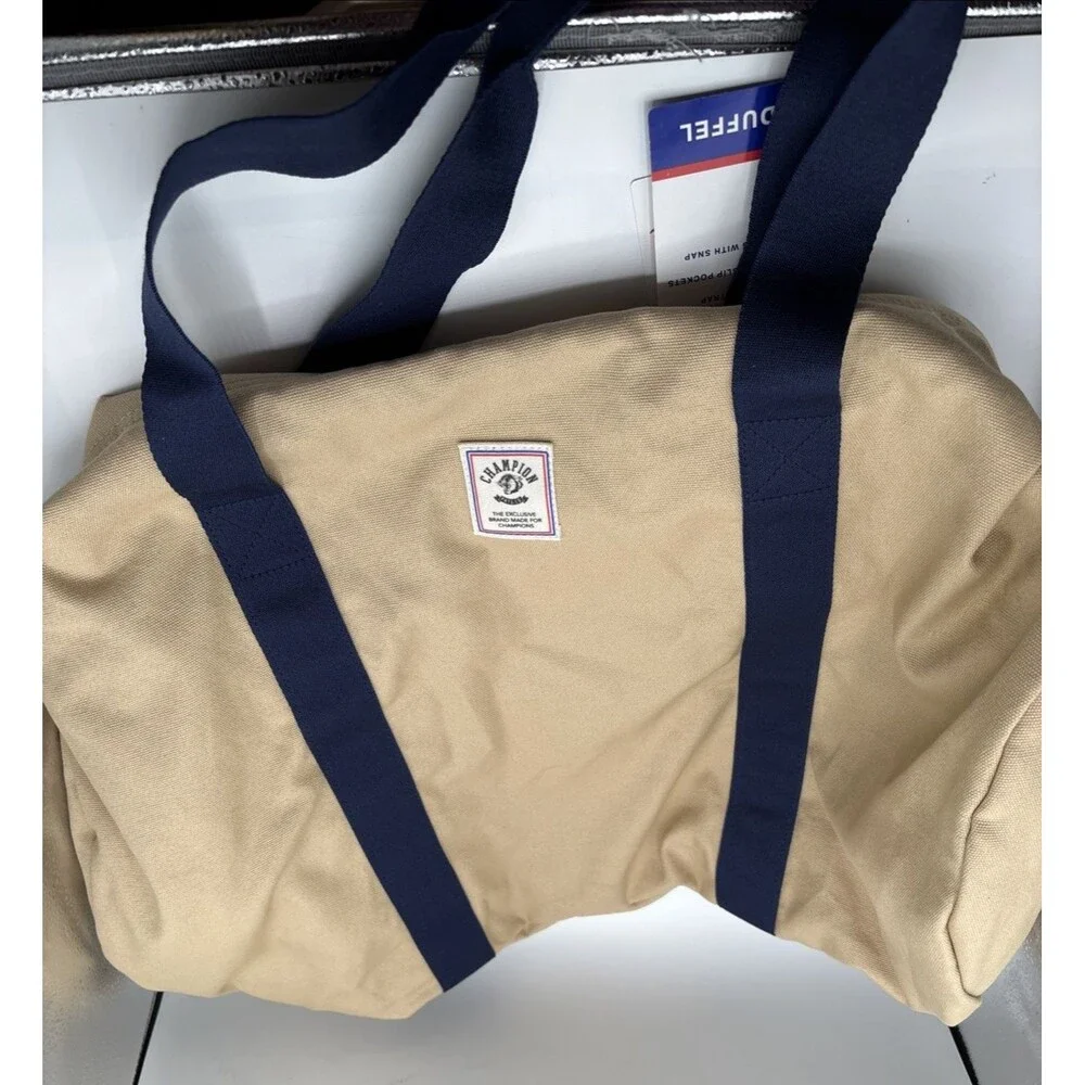 Champion 24" Canvas Duffel Bag Tan Blue Shoulder Strap Sports Gym Travel Men NWT - Picture 7 of 12